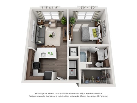 Floor plan for 1 bed, 1 bath, 584 sqft